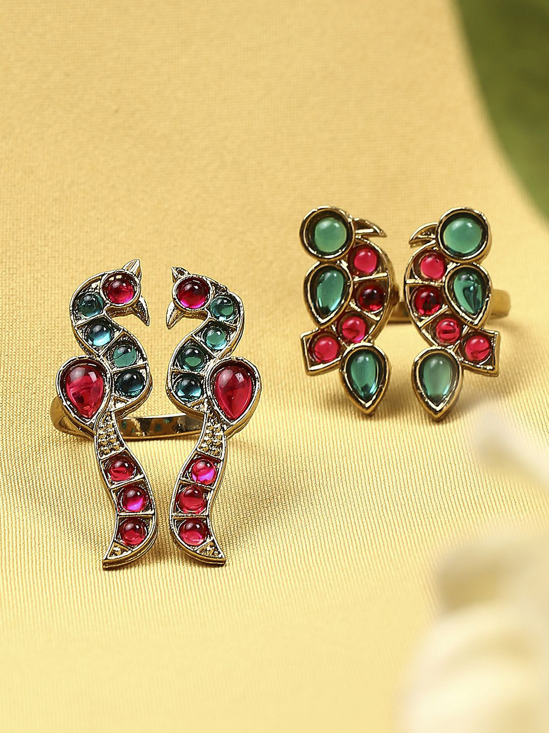 OOMPH Set Of 2 Kundan-Studded Jadau & Bird Adjustable Finger Ring