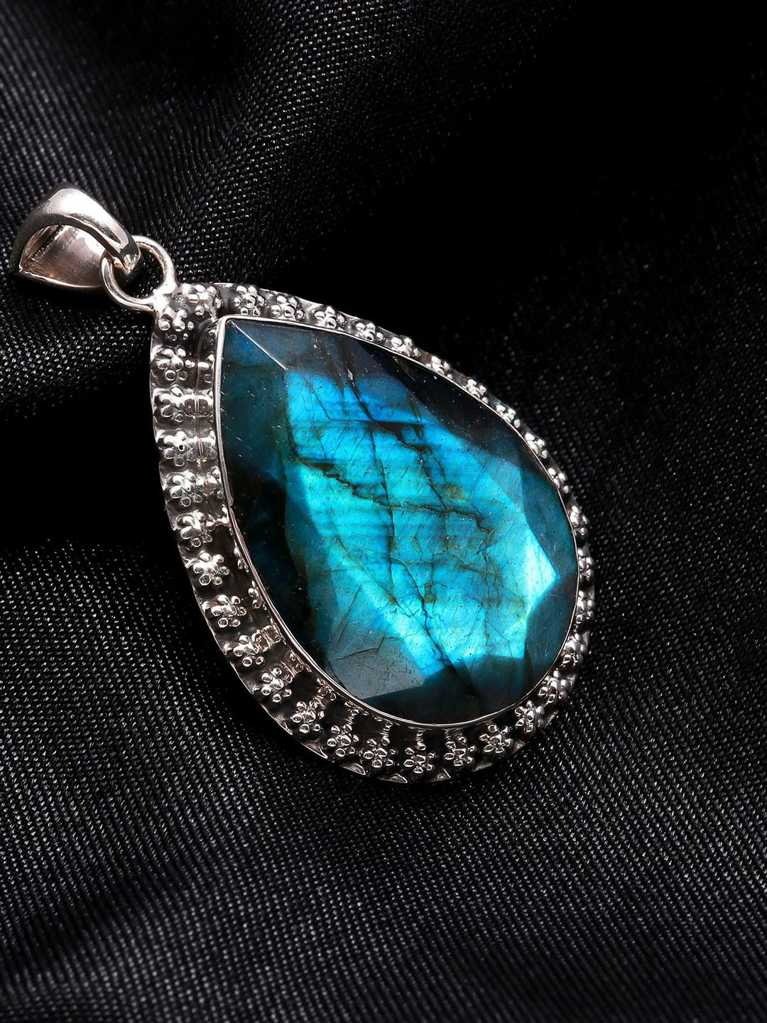 ORO ALMA Silver Rhodium-Plated Nova Eclipse Studded Teardrop Shaped Pendant