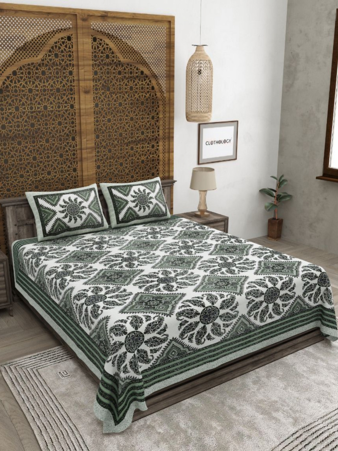 CLOTHOLOGY Jaipuri Prints Green Paisley Pure Cotton 180 TC King Fine Bedsheet with 2 Pillow Covers-87 x 93 inches