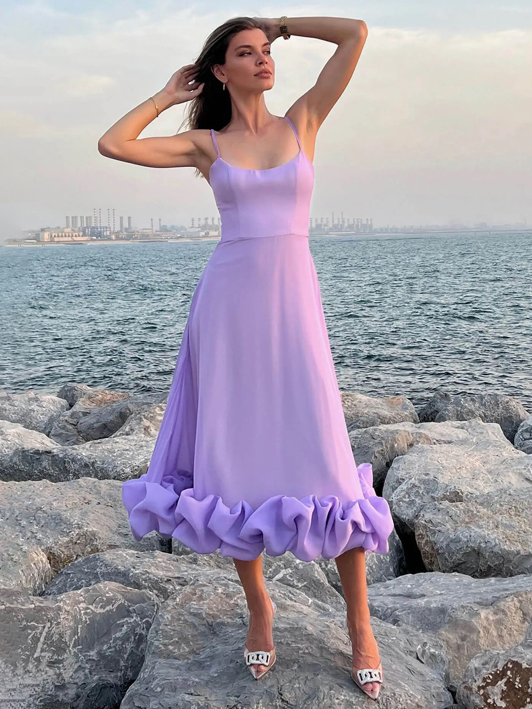 bebe Lilac Spaghetti Strap Ruffled Hem Fit & Flare Midi Dress