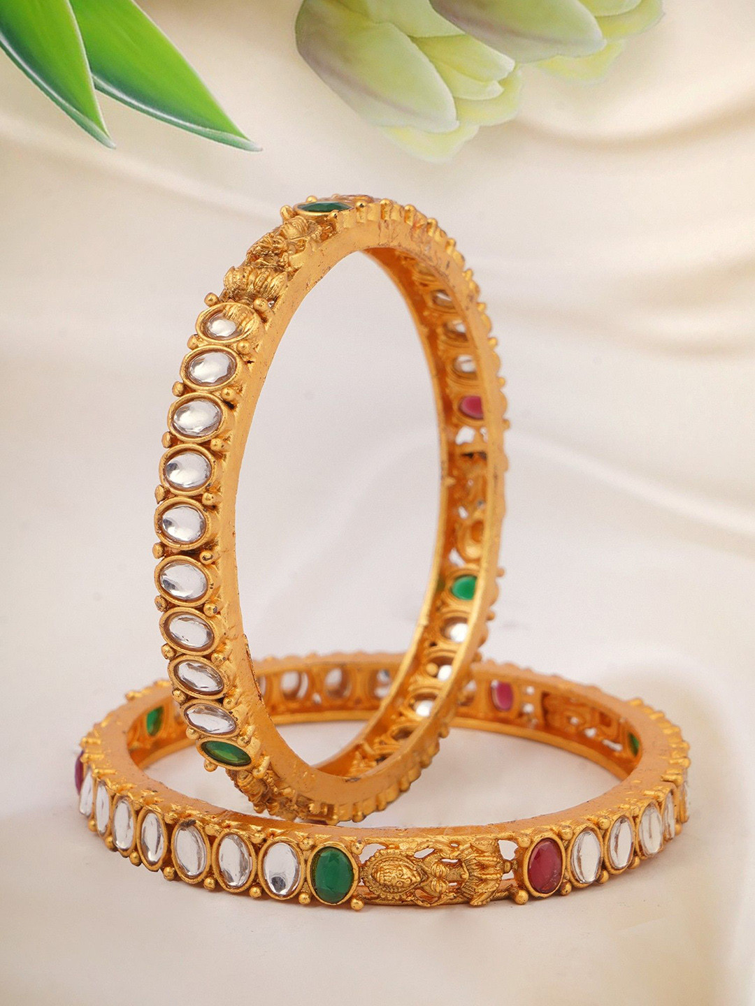 Adwitiya Collection Set Of 2 Gold Plated Kundan & Stone Studded Laxmi Bangles