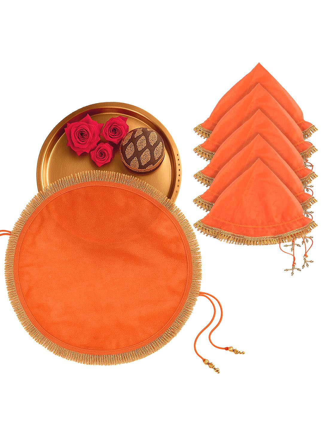 Kuber Industries 6Pcs Orange Colored 2 In 1 Shagun Pooja Thalposh Cover Cloth Potli