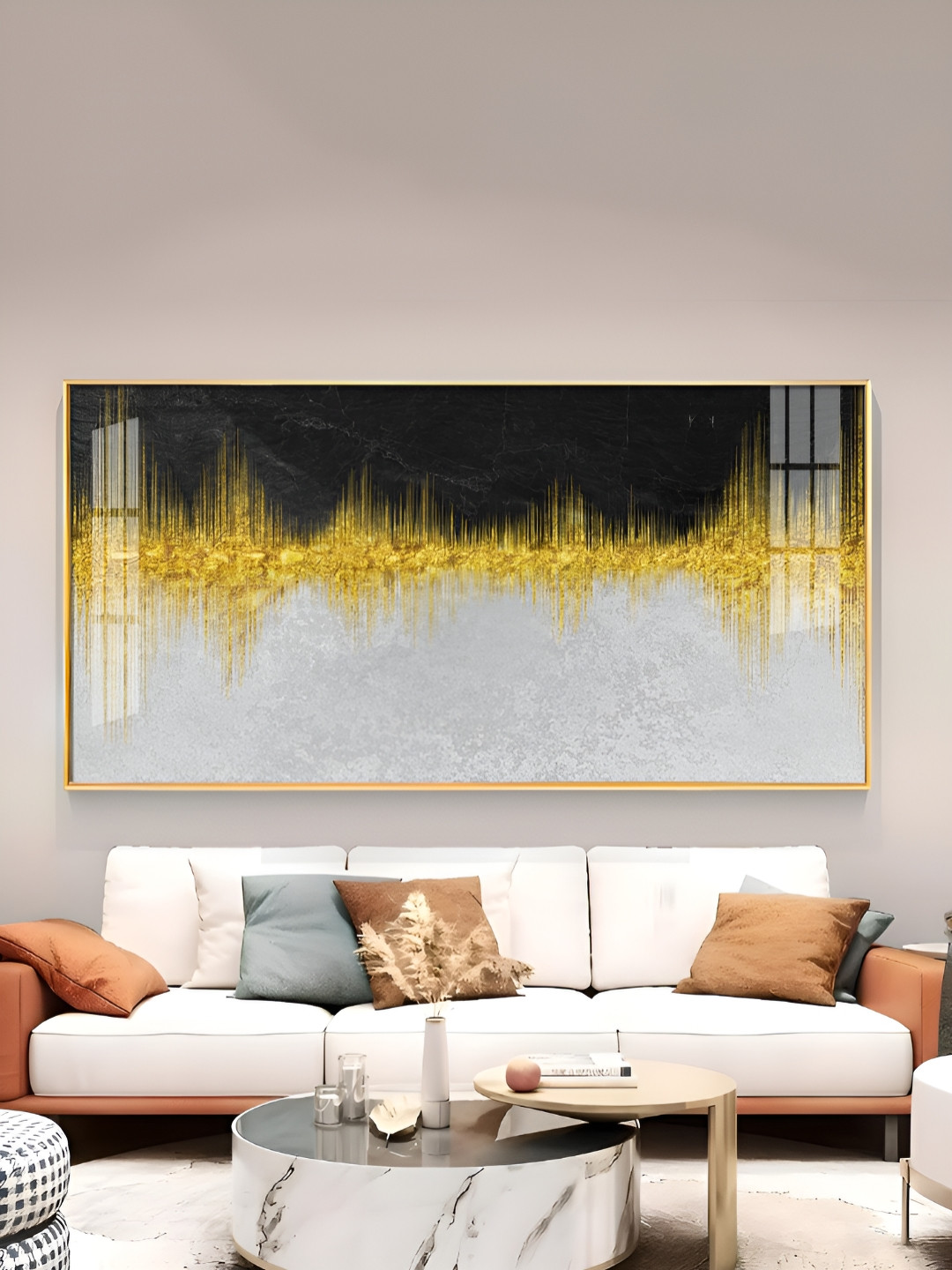 THE NEXT DECOR Gold Paper Wall Living Room Rectangle Potrait Paintings Wall Art -24 x 12In