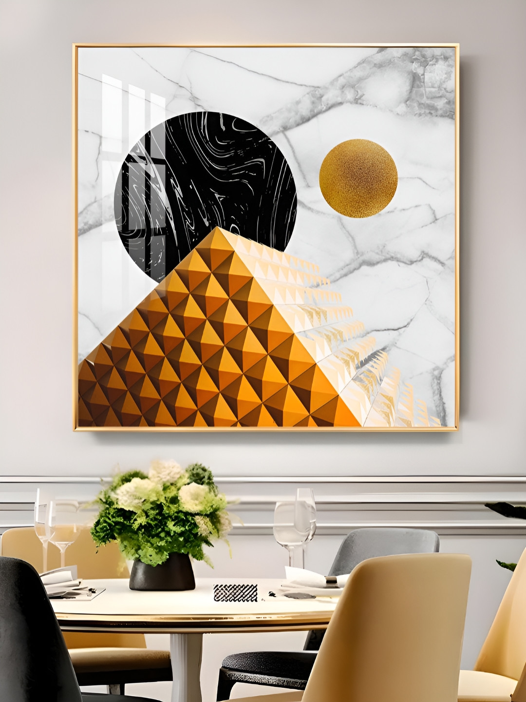 THE NEXT DECOR Unisex Yellow & Grey Sunlit Peaks Glass Finish Square Wall Art