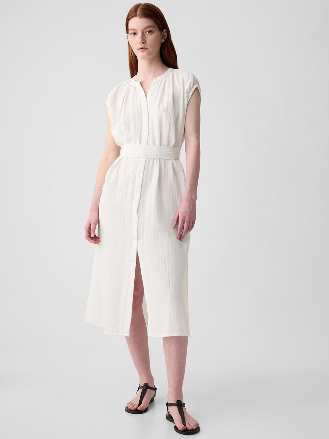 GAP Textured Belted Detail Pure Cotton Sheath Midi Dress with Multiple Slits