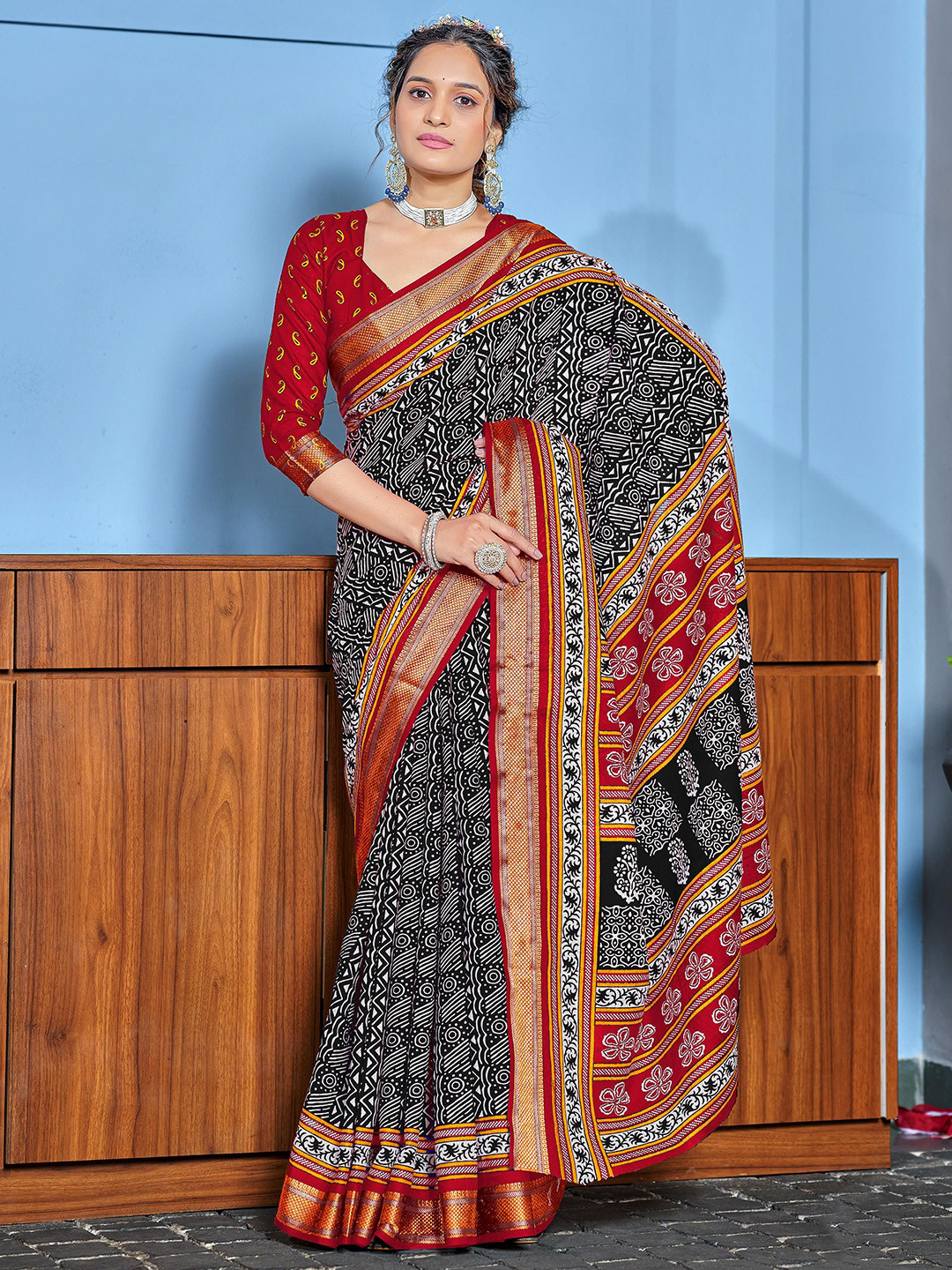 KALINI Ajrak Block Block Print Saree