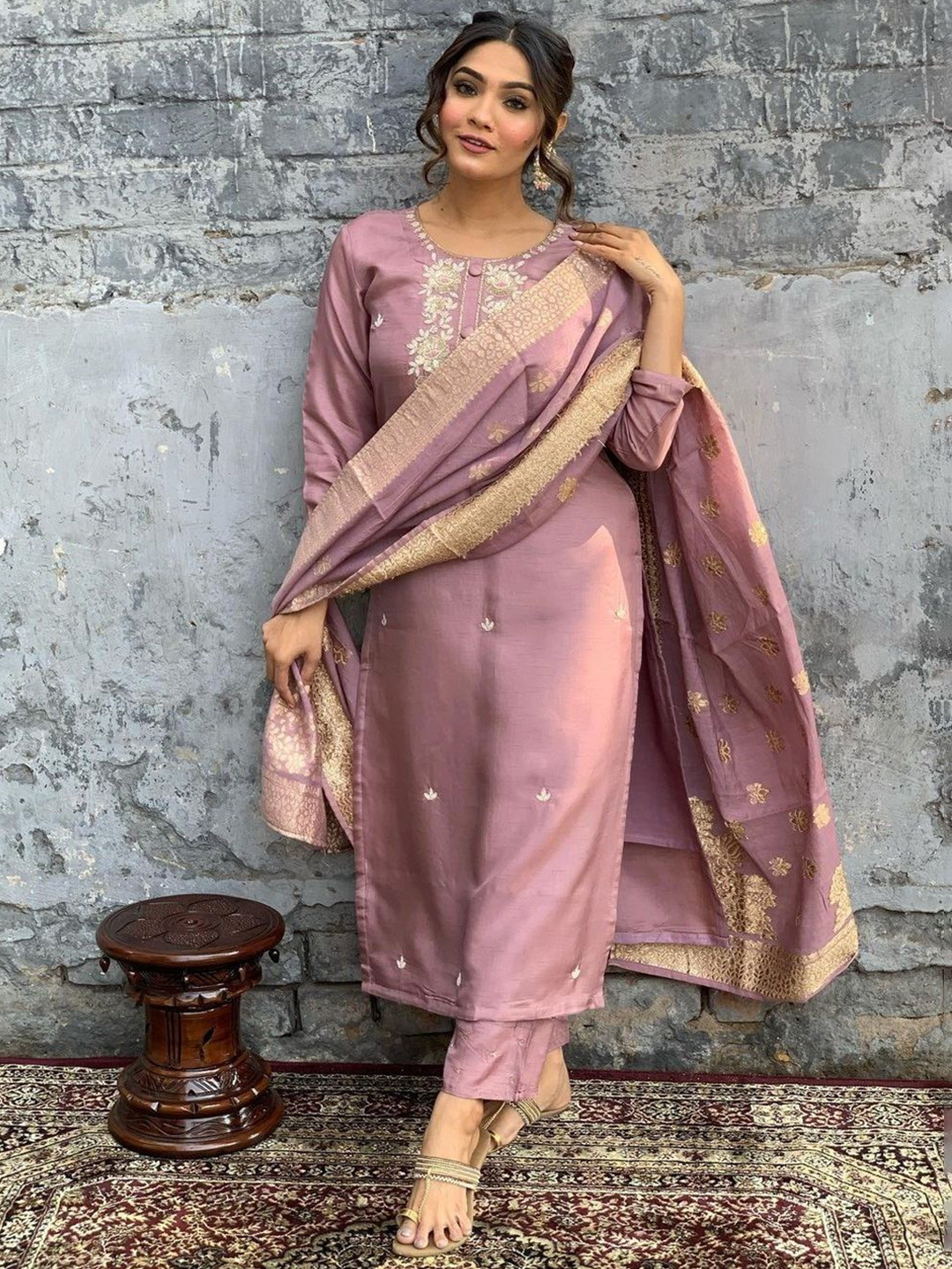 Moda Rapido Floral Embroidered Round Neck Sequinned Chanderi Silk Kurta Trousers & Dupatta