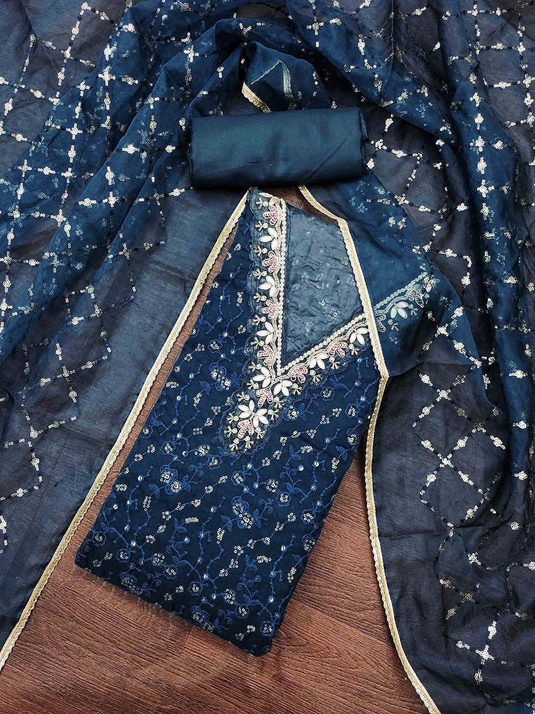 DIVASTRI Navy Blue Embroidered Unstitched Dress Material