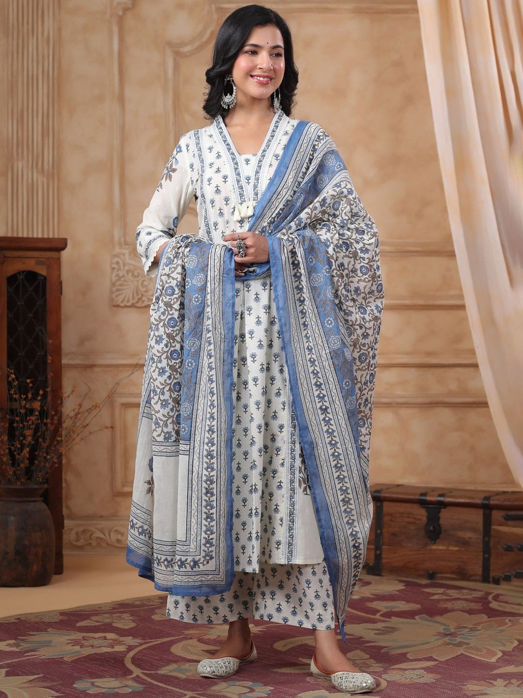 AUTUMN LANE Hiya Sapphire Floral Printed Pure Cotton A-Line Kurta With Palazzos & Dupatta
