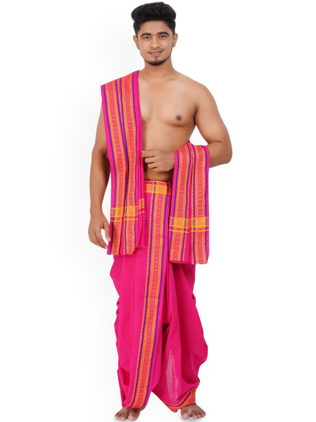 Ethazh Men Pink Cotton Blend Solid 2 Inch Border Double Layer Dhoti with Angavastram