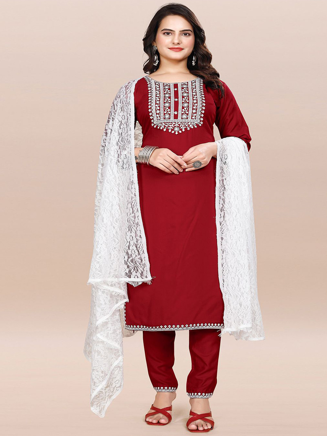 PATDOM Floral Embroidered Round Neck Thread Work Straight Kurta With Trousers & Dupatta
