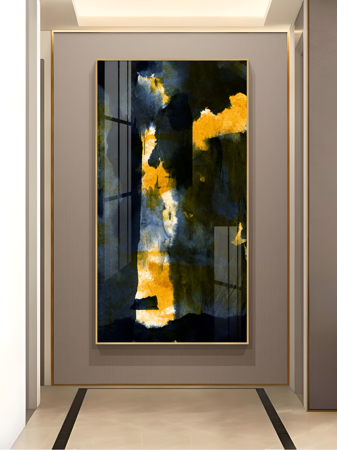 THE NEXT DECOR Black & Yellow Nightfall Glass Finish Vertical Wall Art
