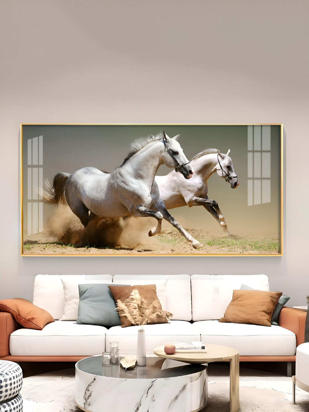 THE NEXT DECOR White & Green Running Horses Glass Finish Horizontal Wall Art