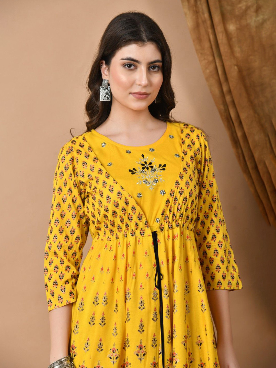 Jaipurite Floral Printed Embroidered Smocking Fit And Flare Ethnic Dress