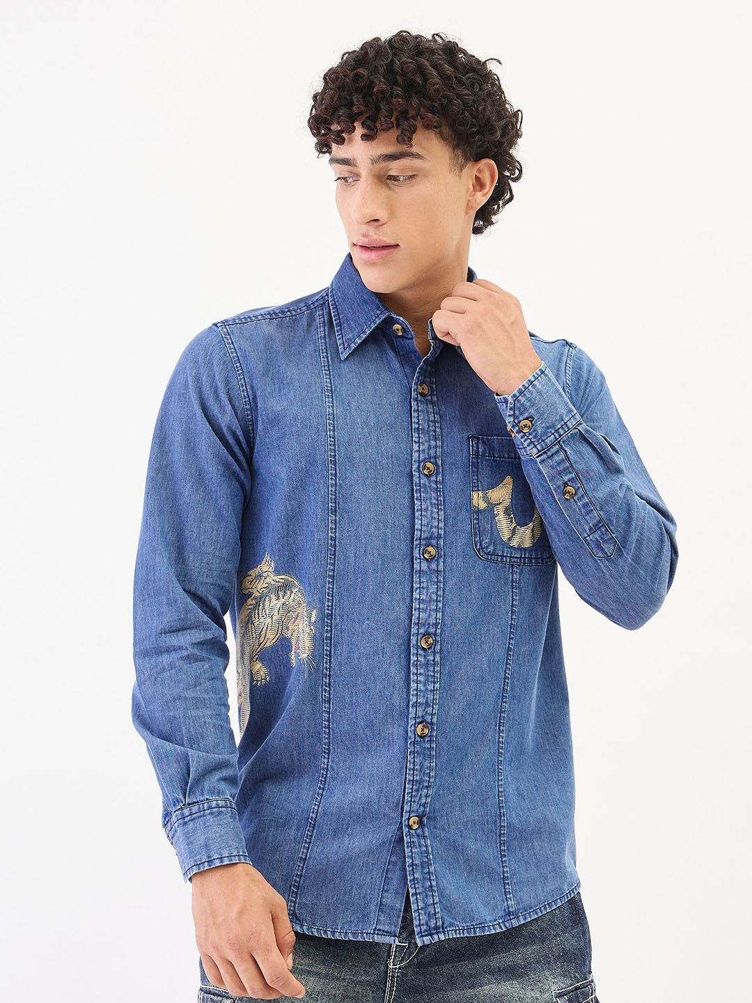 True Religion Men Graphic Printed Spread Collar Cotton Casual Shirt