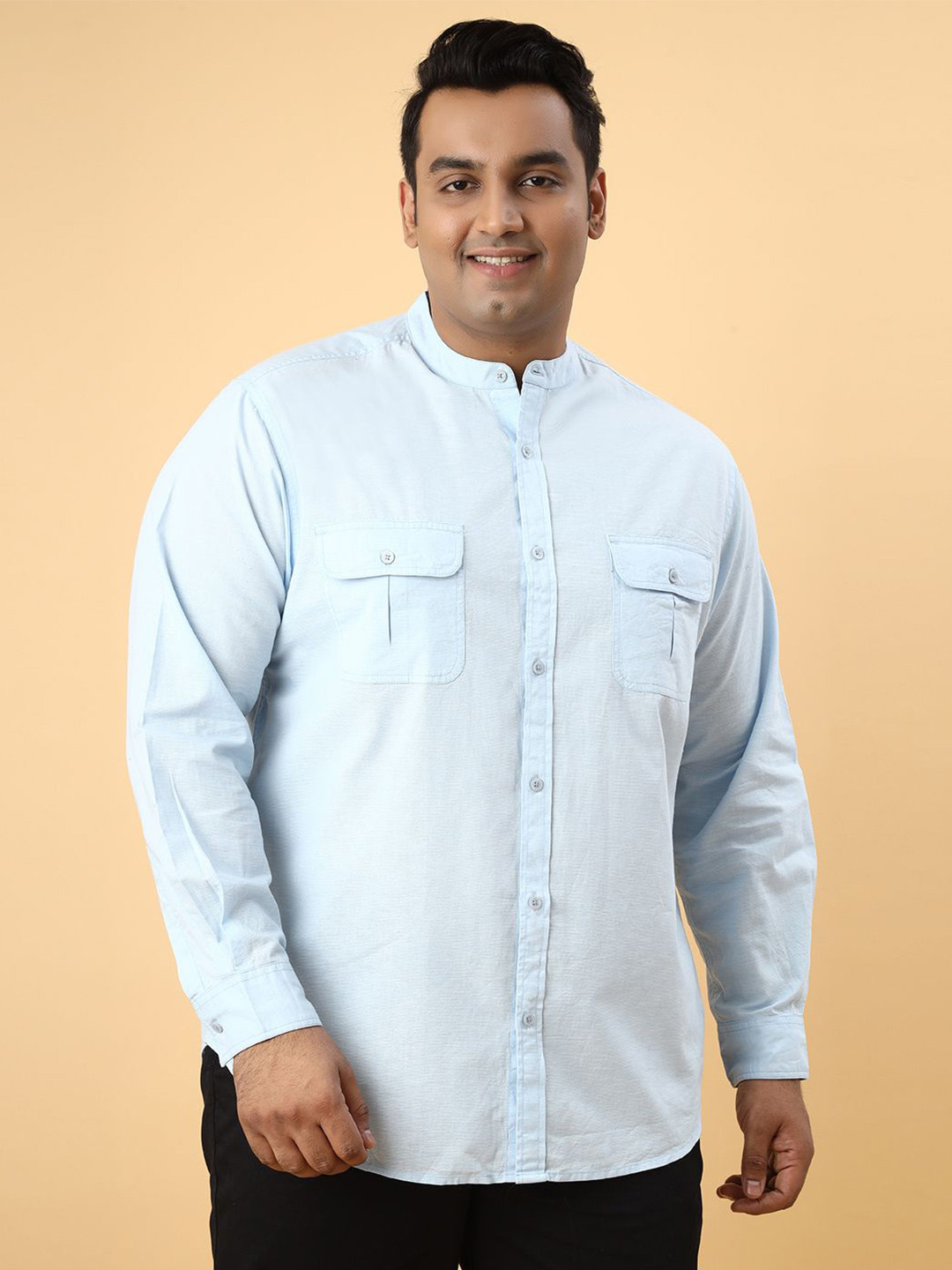 Men Plus Size Solid Band Collar Cotton Linen Casual Shirt