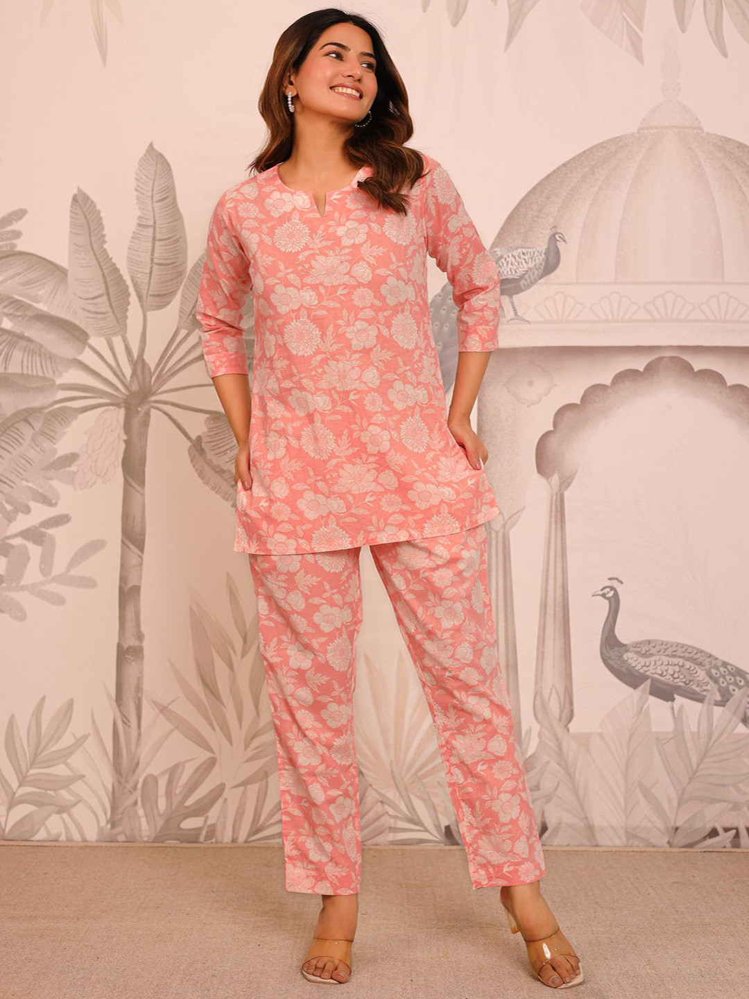 Kwatchi Rose Printed Cotton Tunic and Trousers Co-Ords