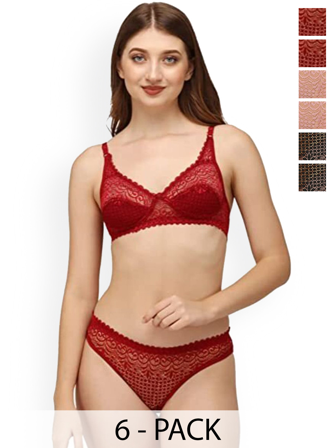 DHANDAI FASHION 6-Pcs Self Design Lingerie Sets Decent Set-Black Maroon Pink (M-1-6P)
