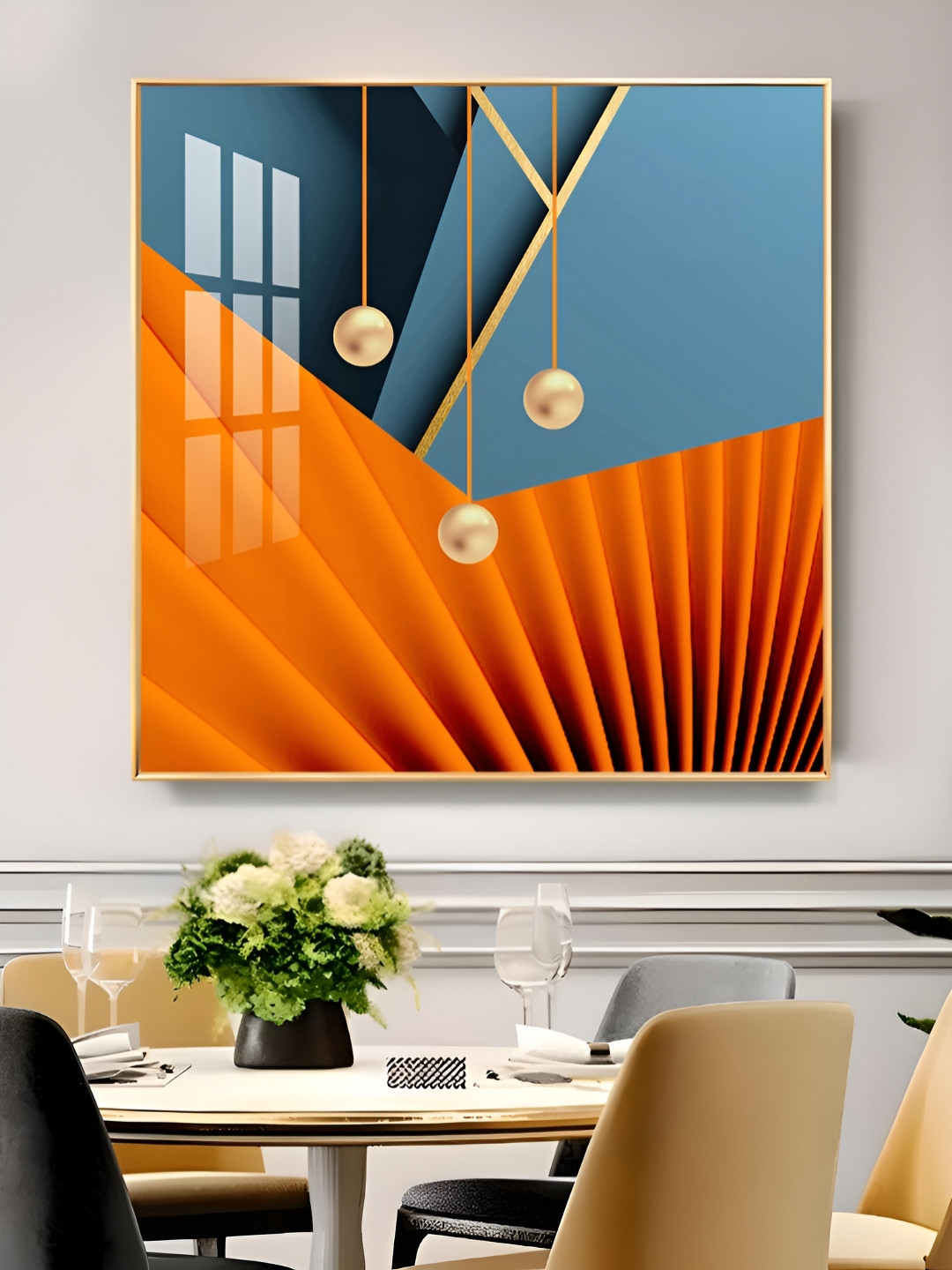 THE NEXT DECOR Blue & Orange-Colored Chromatic Symphony Glass Finish Square Wall Art
