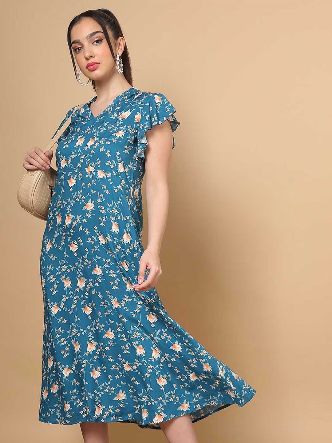 SAKURA Floral Print Flutter Sleeve Fit & Flare Dress