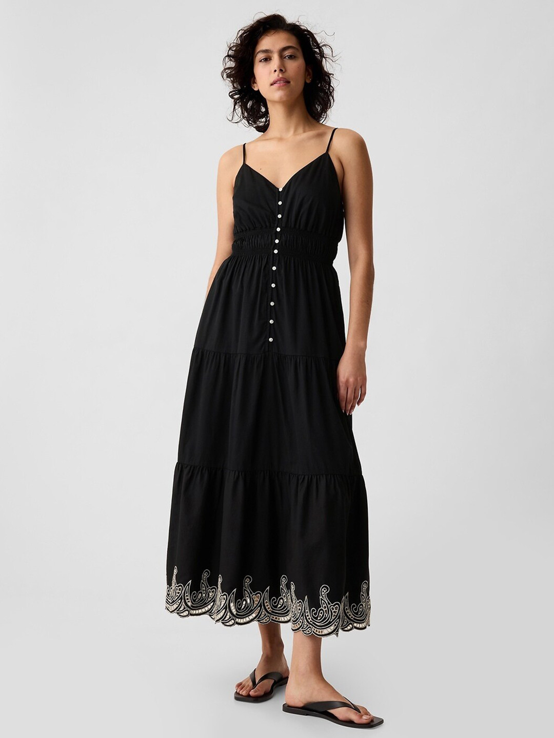 GAP Lace Insert Detail Pure Cotton Shoulder Straps Tiered Maxi Dress with Mock Buttons