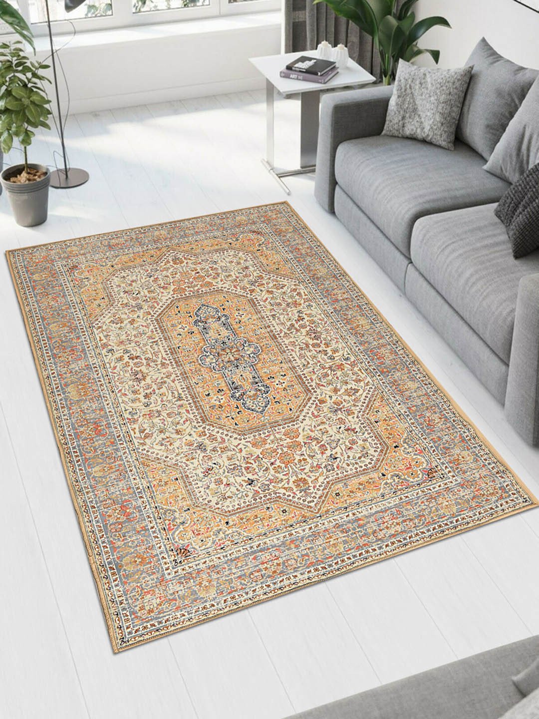 MAA HOME CONCEPT Yellow Floral Anti-Skid Woollen Carpet