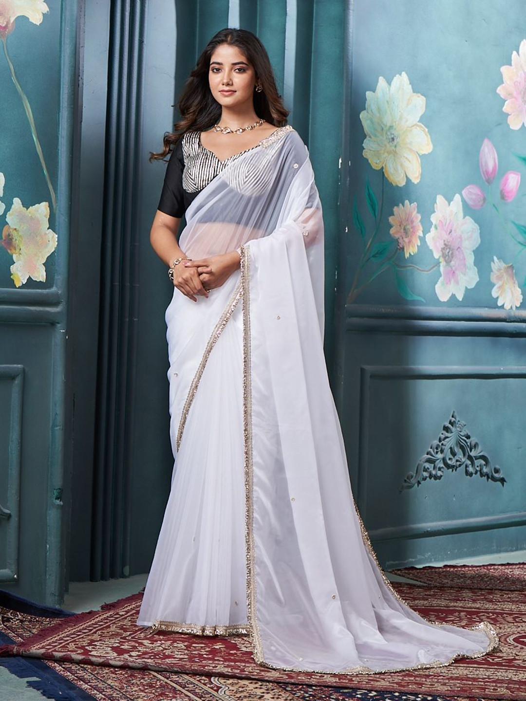 KLISHAA ART Embellished Beads and Stones Organza Saree