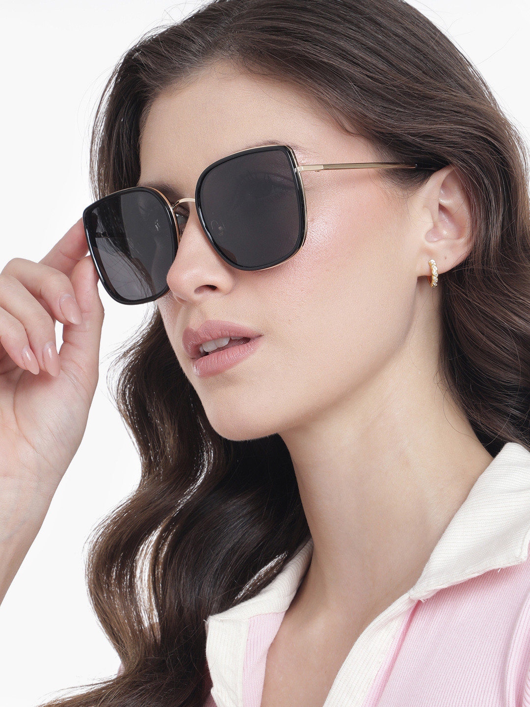 Carlton London Black with Gold Toned and Black Polarised Lens Oversized Sunglass