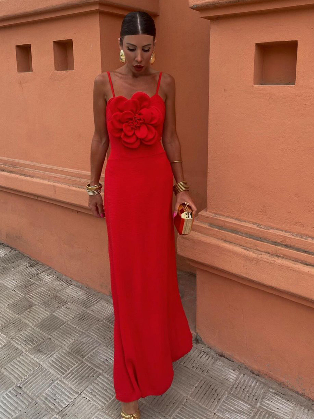 bebe Red 3D Floral Applique Spaghetti Strap Sheath Maxi Dress