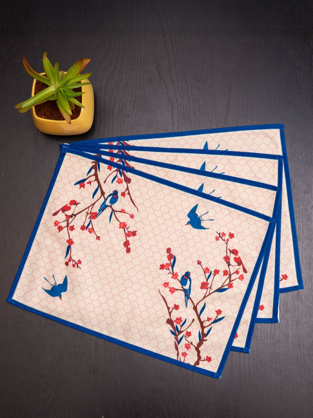 Indisca Designs 4-Pcs Blue & Cream Colored Printed Table Placemats