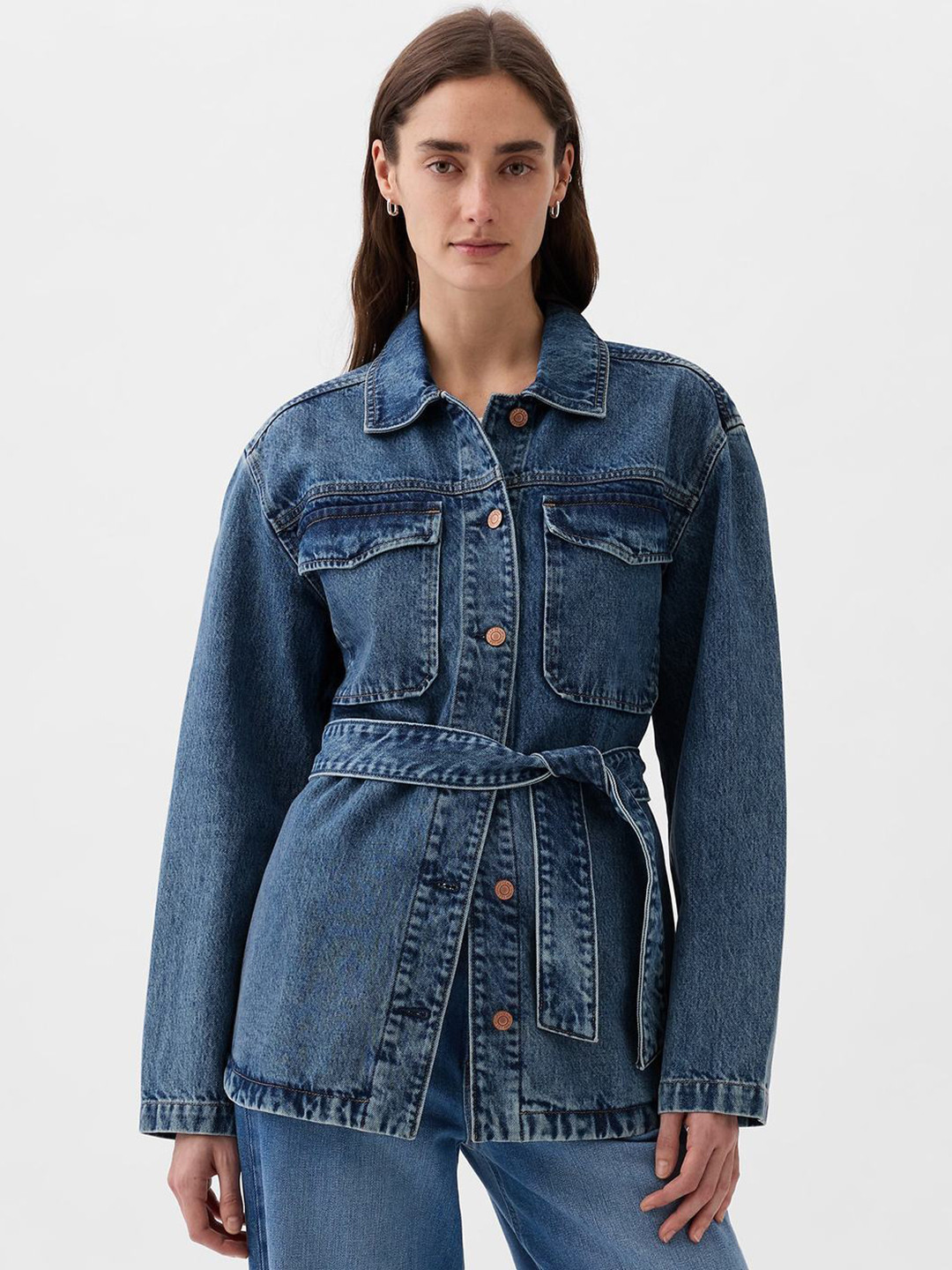 GAP Washed Effect Drop-Sleeves Pure Cotton Denim Jacket with Belt