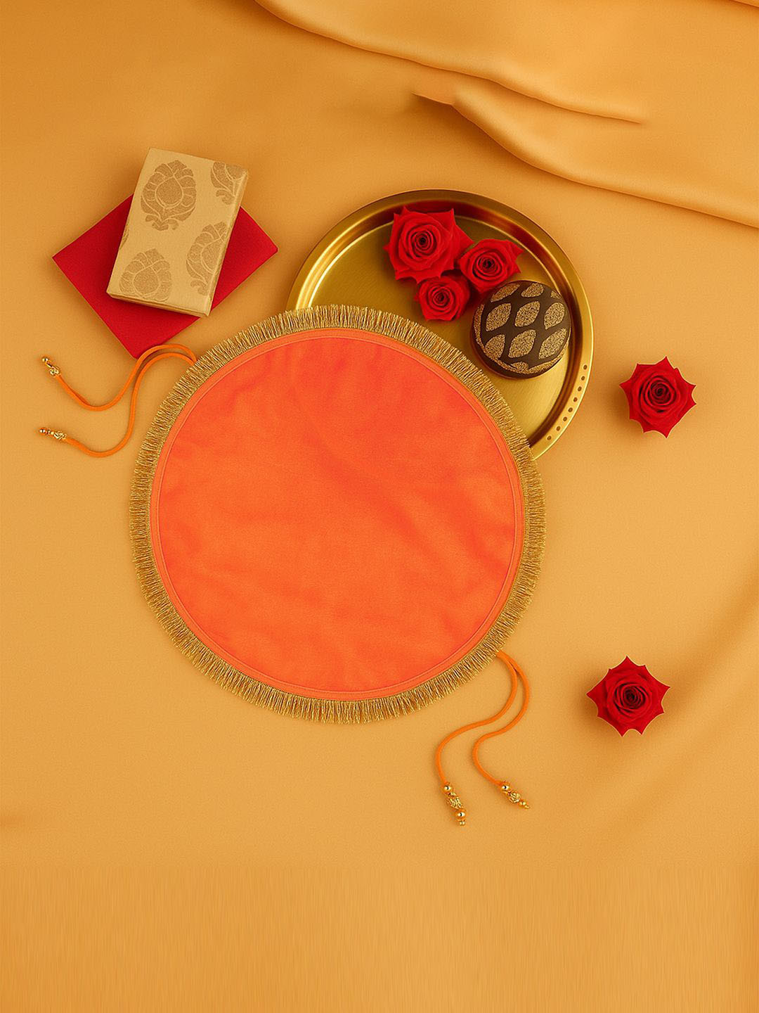 Kuber Industries Orange Colored  2 In 1 Shagun Pooja Thalposh Organza Cover Cloth Potli