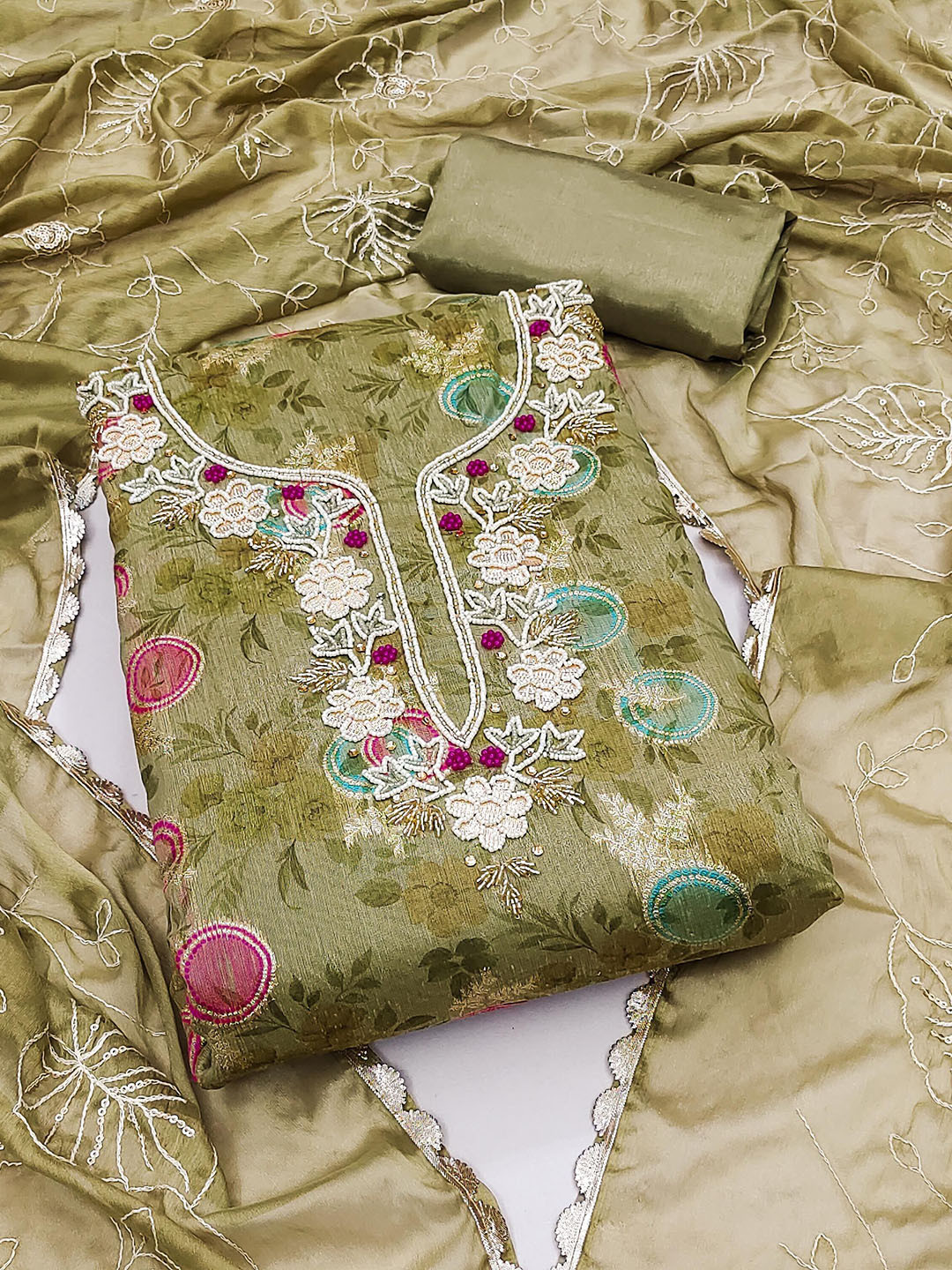 DIVASTRI Olive Embroidered Unstitched Dress Material
