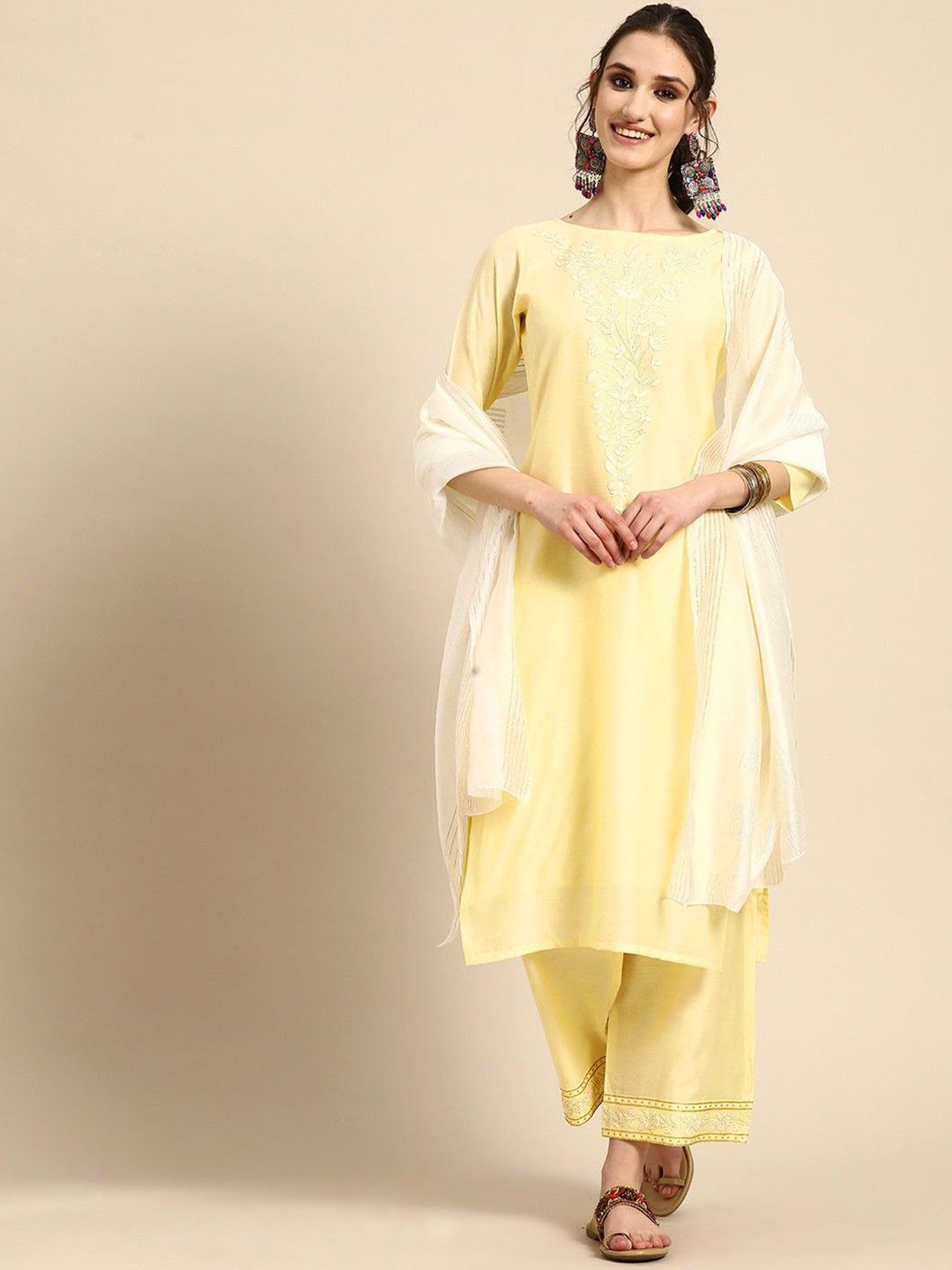 Sangria Flock Printed Straight Kurta With Palazzo & Dupatta