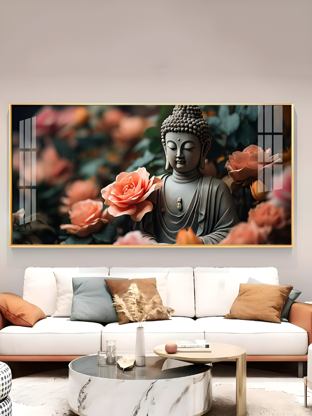 THE NEXT DECOR Gold-Toned & Peach Calm Buddha With Flower Wall Painting