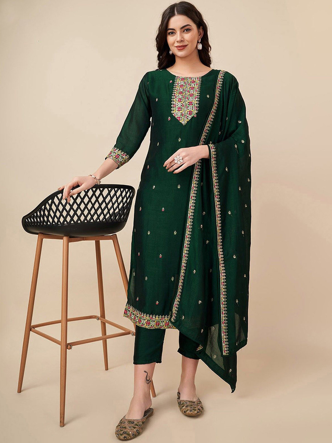 SHILL INTERNATIONAL Floral Embroidered Straight Kurta with Trousers & Dupatta