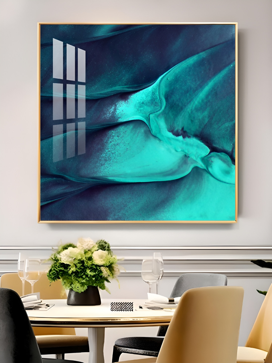 THE NEXT DECOR Teal Azure Wave Masterpiece Glass Finish Square Wall Art