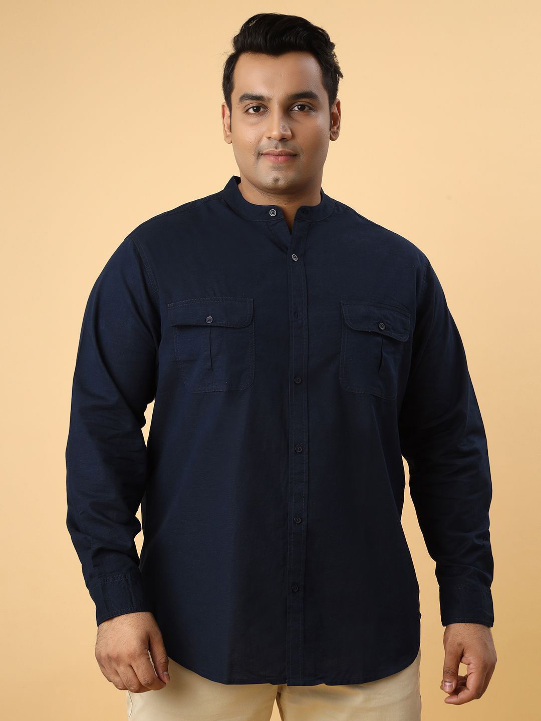 Men Plus Size Solid Band Collar Cotton Linen Casual Shirt
