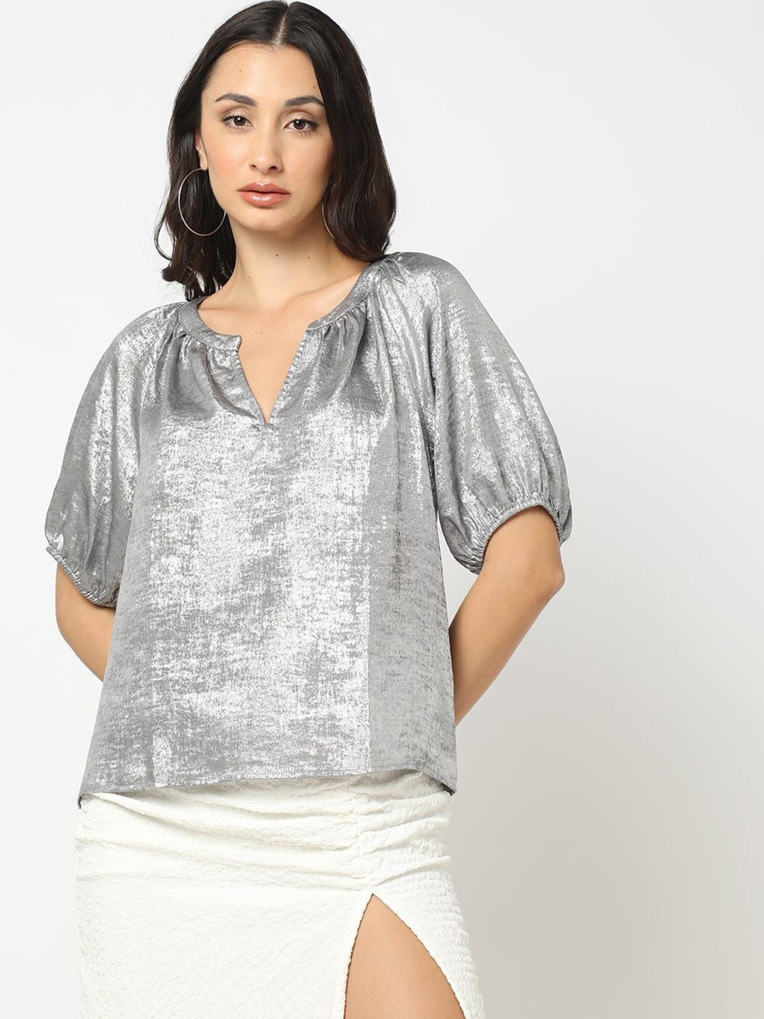 GAP Mandarin Collar Puff Sleeves Satin Finish Party Top