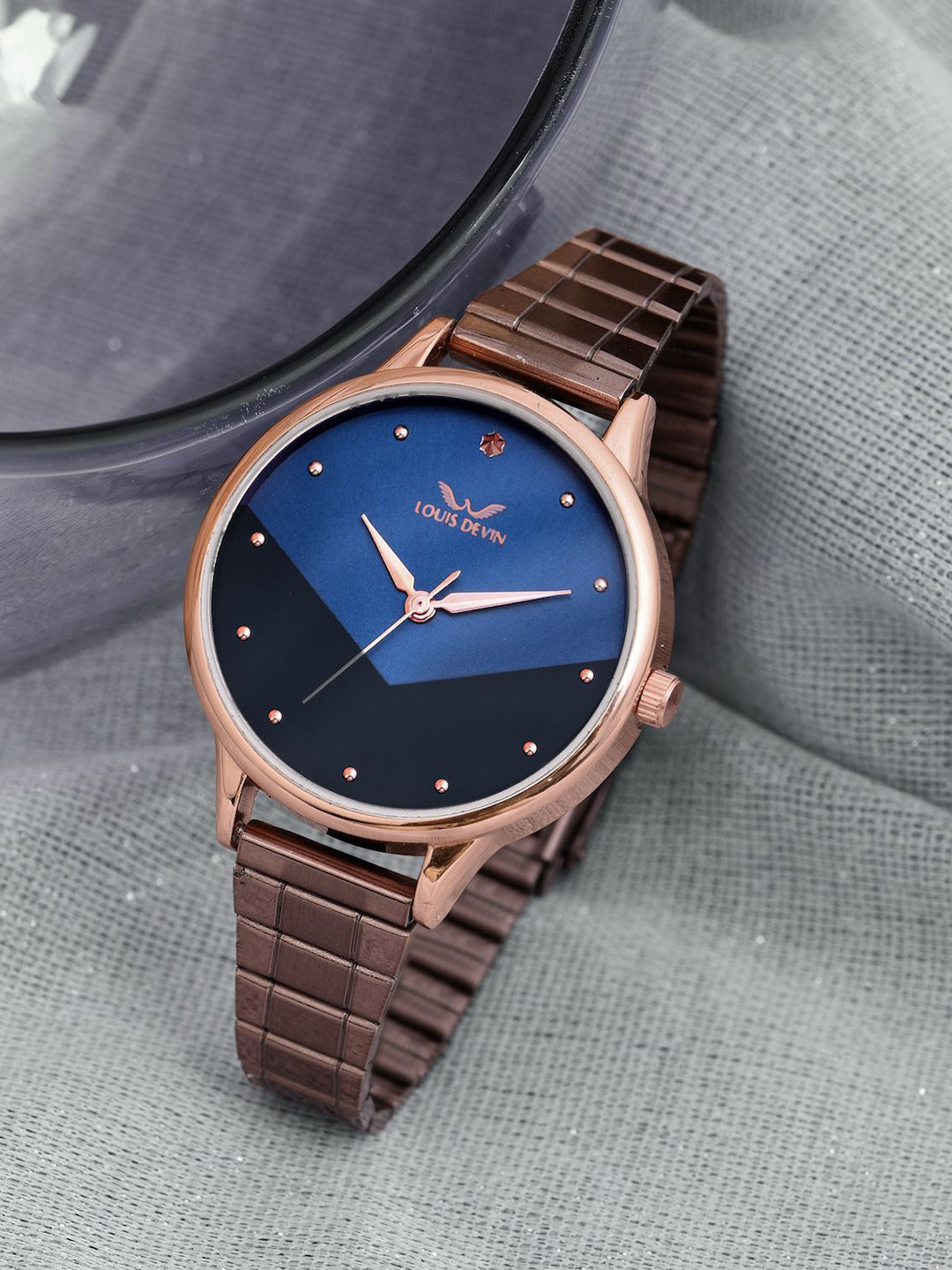 LOUIS DEVIN Women Brown & Blue Dial Metal Chain Wrist Watch