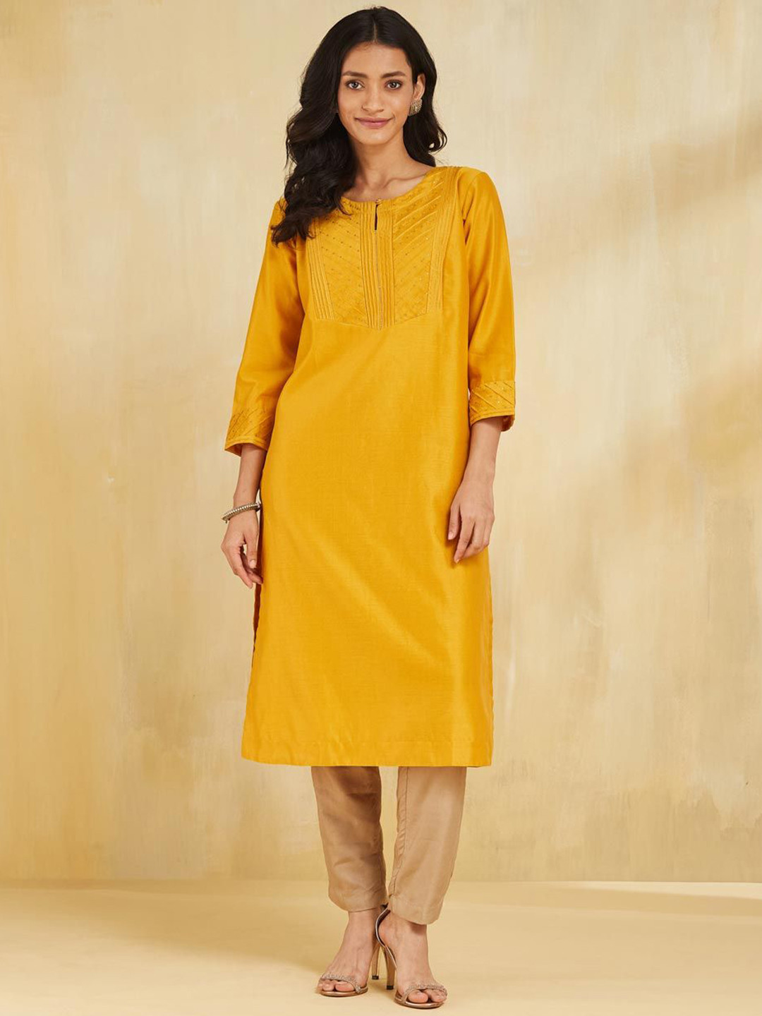 Fabindia Striped Embroidered Sequins Keyhole Neck Cotton Silk Straight Kurta