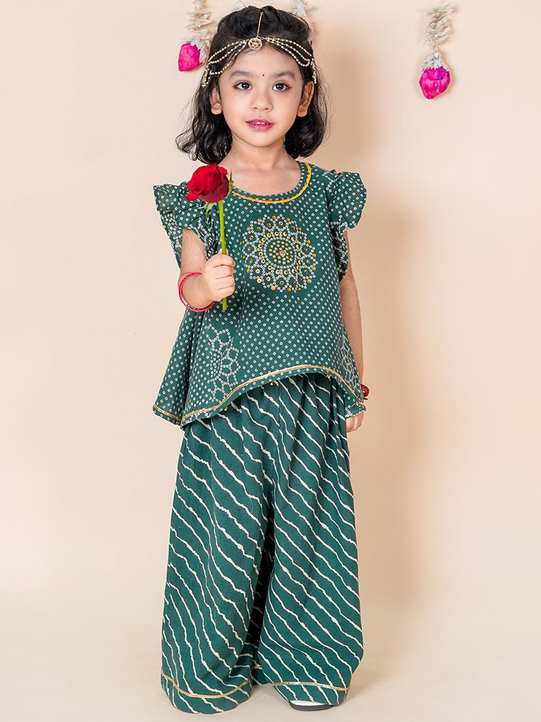 Chanda Mama Girls Bandhani Printed Cotton Kurta with Palazzo