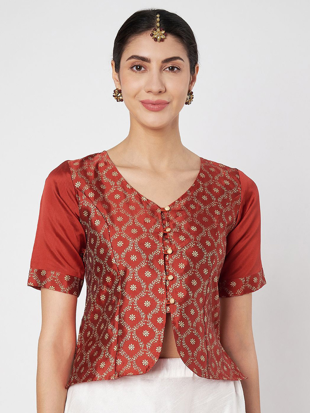 studio rasa Printed Silk V Neck Button Down Blouse