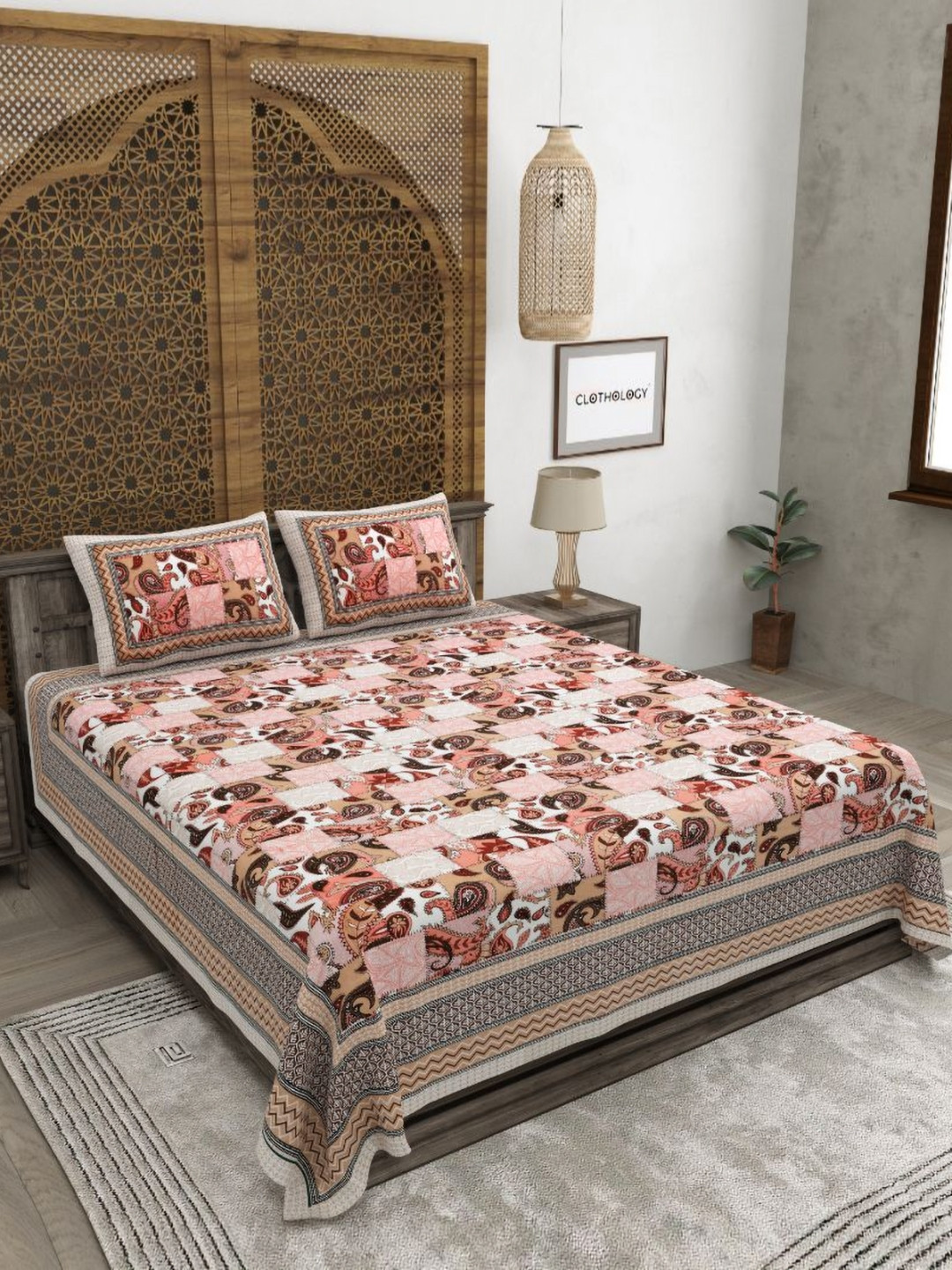 CLOTHOLOGY Jaipuri Prints Peach Floral Cotton 180 TC King Fine Bedsheet with 2 Pillow Covers-108 x 89 inches