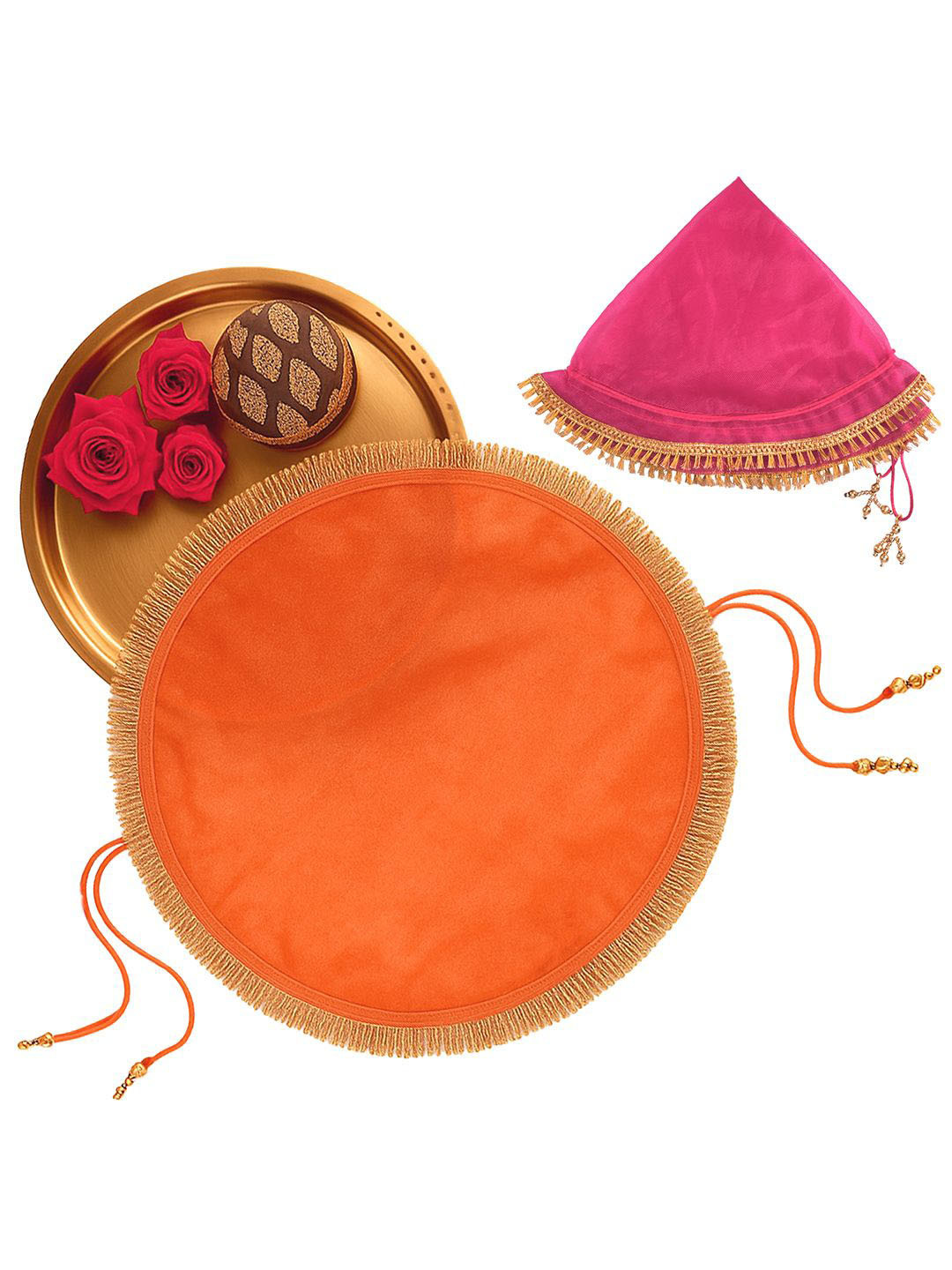 Kuber Industries 2Pcs Orange Colored & Pink Pooja Thalposh Organza Cover Cloth Potli