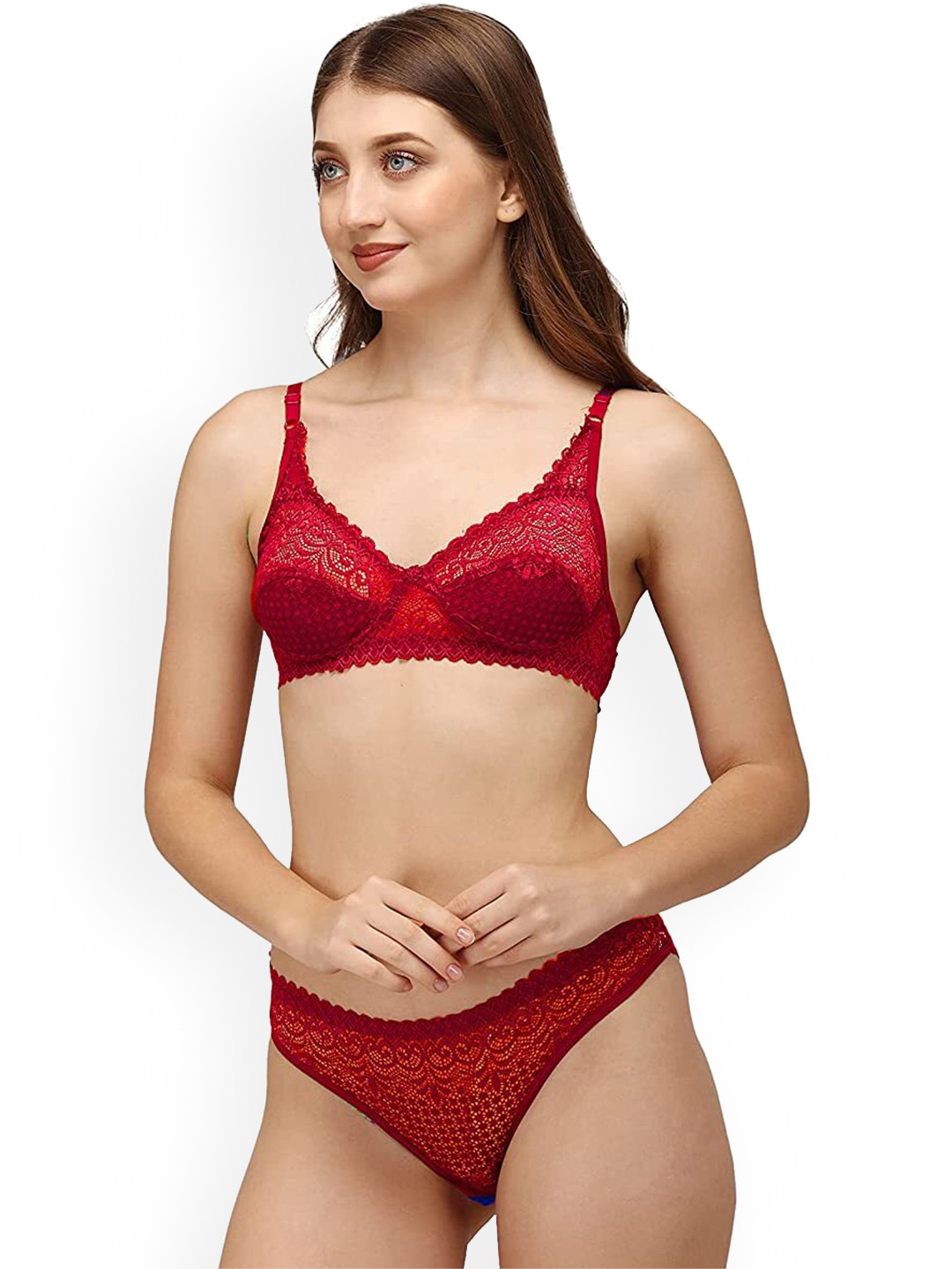 DHANDAI FASHION Self Design Non Padded Lingerie Sets Decent Set-Red (M-1-1P)
