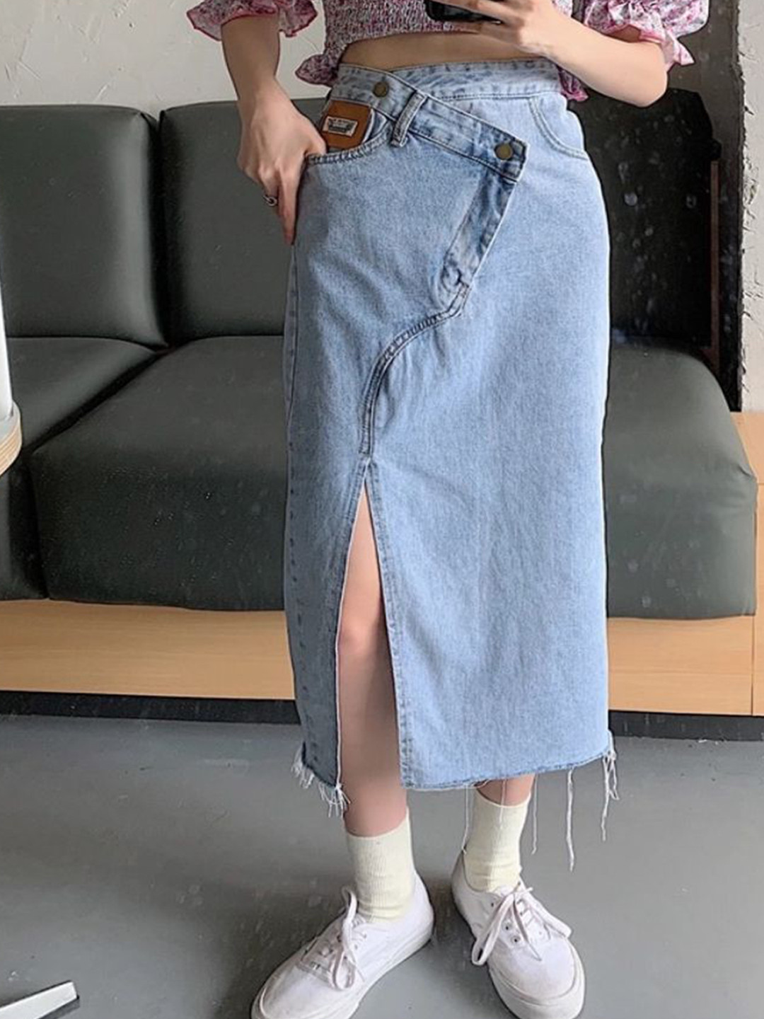 HERE&NOW Mid Rise Asymmetrical Denim Midi Skirt With Side Slit