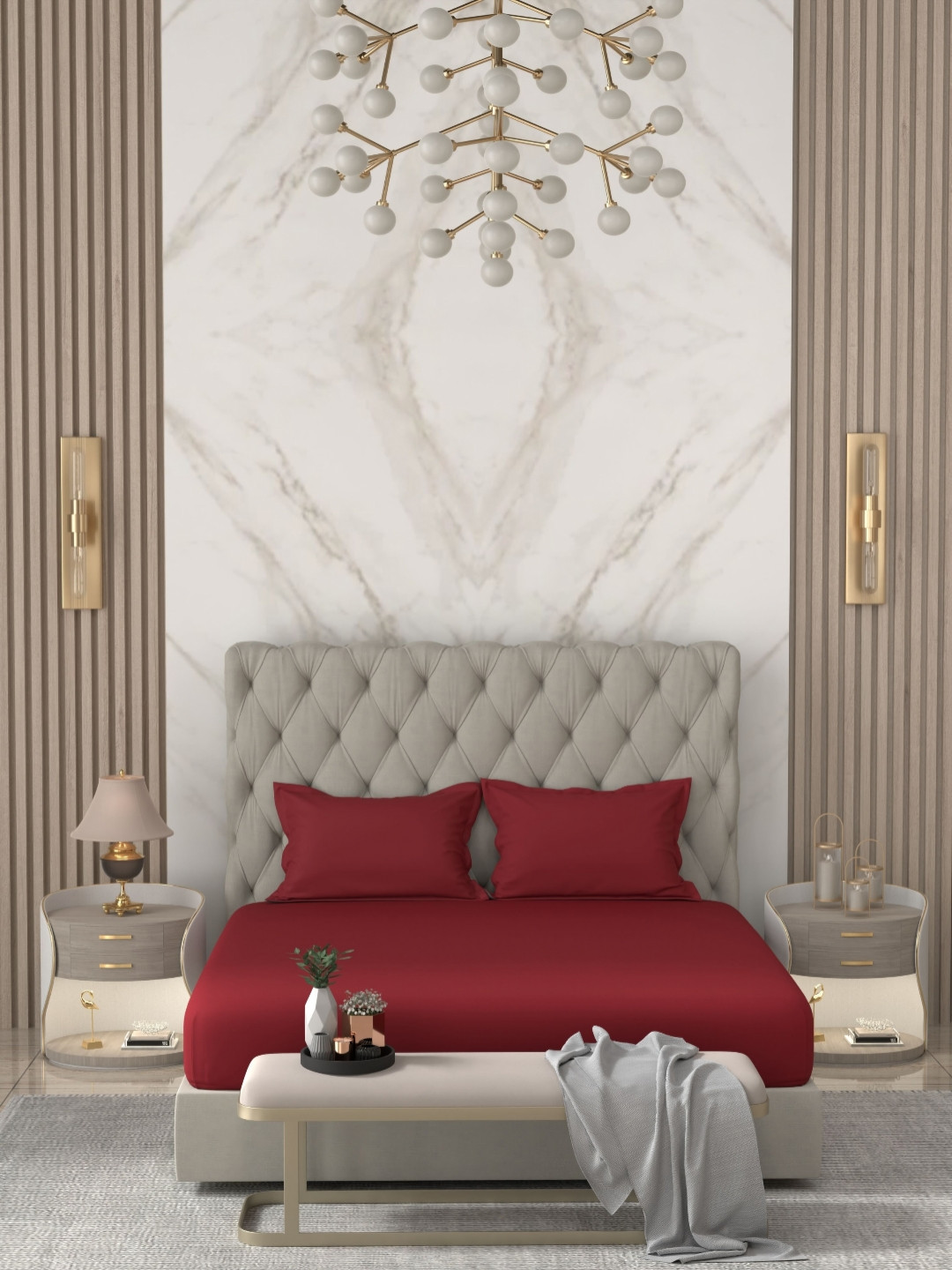 Pure Decor Contrast Red Cotton 300 TC King Fine Bedsheet with 2 Pillow Covers-108 x 108 inches