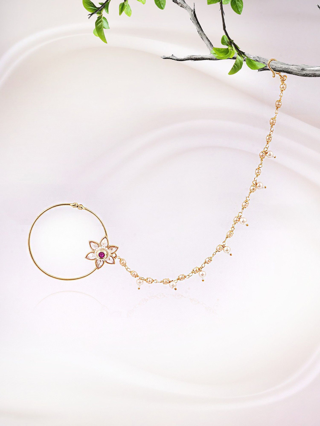Adwitiya Collection Gold-Plated Kundan Studded Flower Design Chained Nose Ring