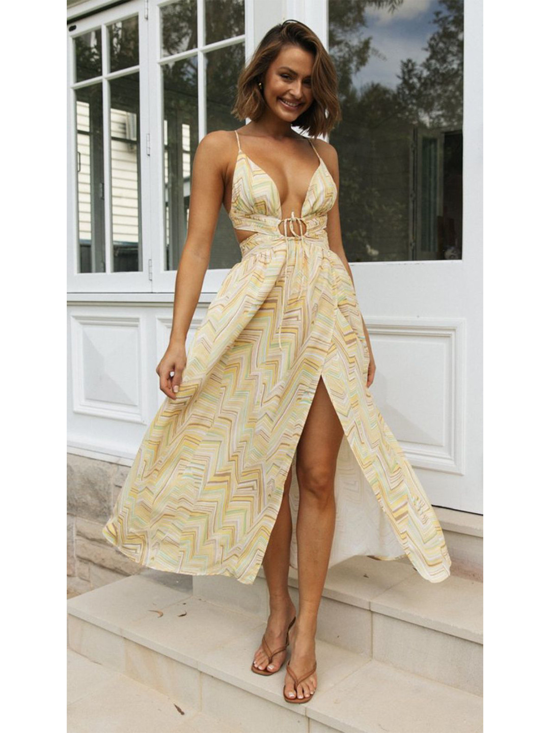 bebe Yellow Abstract Print Plunge Neck Tie Back Maxi Dress